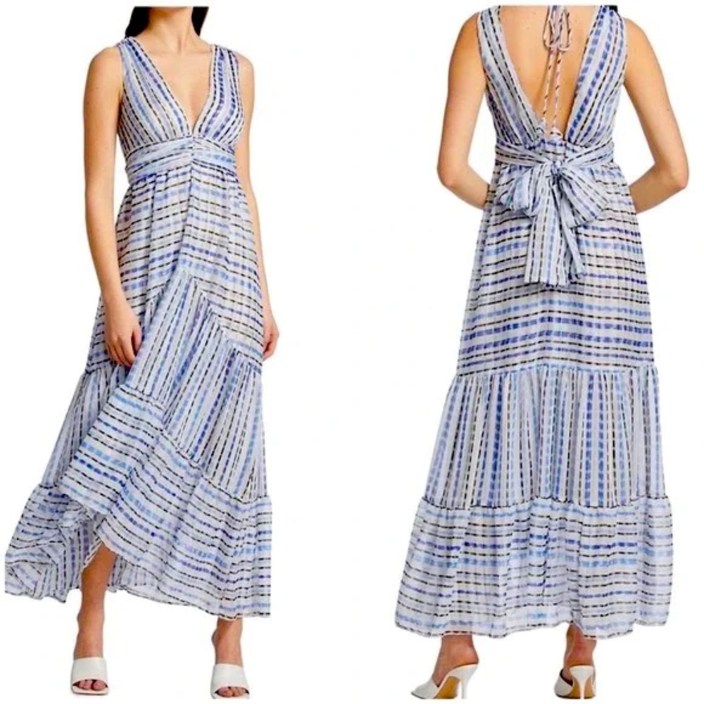 MISA Dominika Blue White Striped Maxi Dress Size S